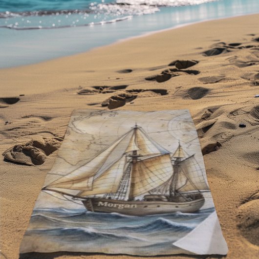 Gepersonaliseerd  Nautisch Schip met Antiek Kaart Strandlaken