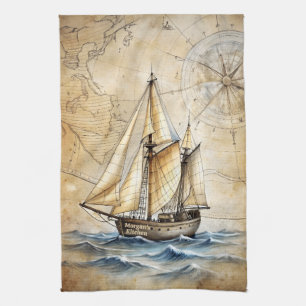 Gepersonaliseerd Nautisch Schip met Antiek Kaart Theedoek