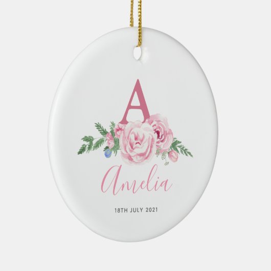 Gepersonaliseerd nieuw babyzakje Roze floranje cad Keramisch Ornament (Rechts)