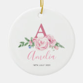 Gepersonaliseerd nieuw babyzakje Roze floranje cad Keramisch Ornament (Voorkant)