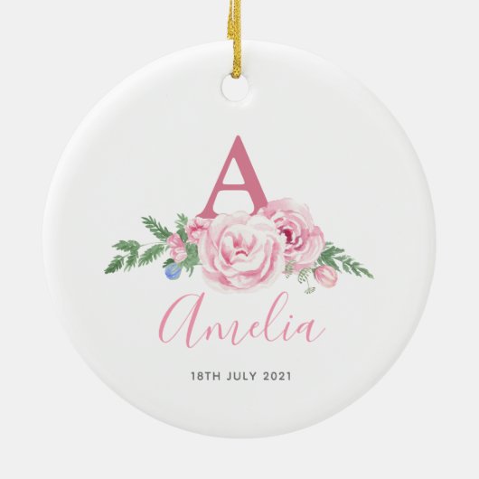 Gepersonaliseerd nieuw babyzakje Roze floranje cad Keramisch Ornament (Achterkant)