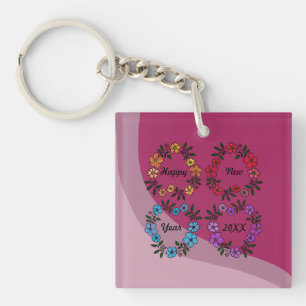 GEPERSONALISEERD NIEUW JAAR 20XX & FLOWERS WREATHE SLEUTELHANGER