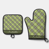 Gepersonaliseerd Olijfgroen Wit Zwart Plaid Patroo Ovenwant & Pannenlap Set (Voorkant)