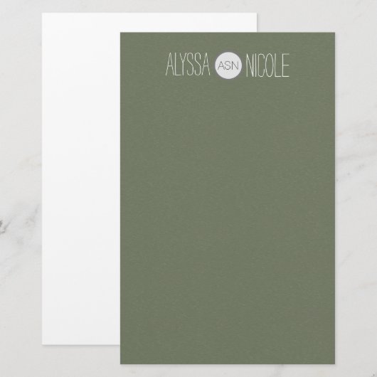 Gepersonaliseerd olive Army Green Name Monogram Briefpapier (Voorkant / Achterkant)