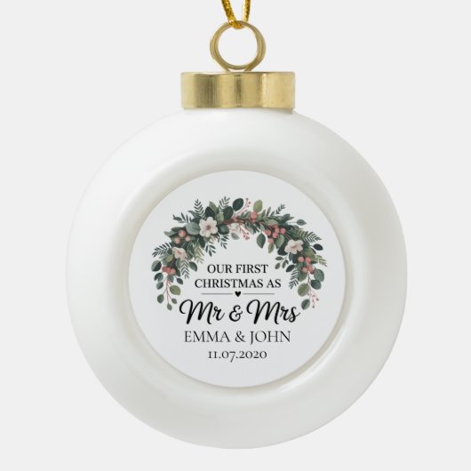 Gepersonaliseerd onze eerste kerst als Mr & Mrs 20 Keramische Bal Ornament (Voorkant)