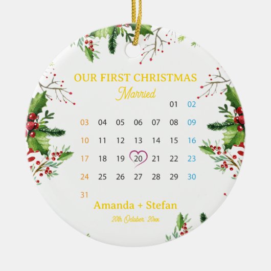 Gepersonaliseerd onze eerste kerst getrouwde kalen keramisch ornament (Voorkant)
