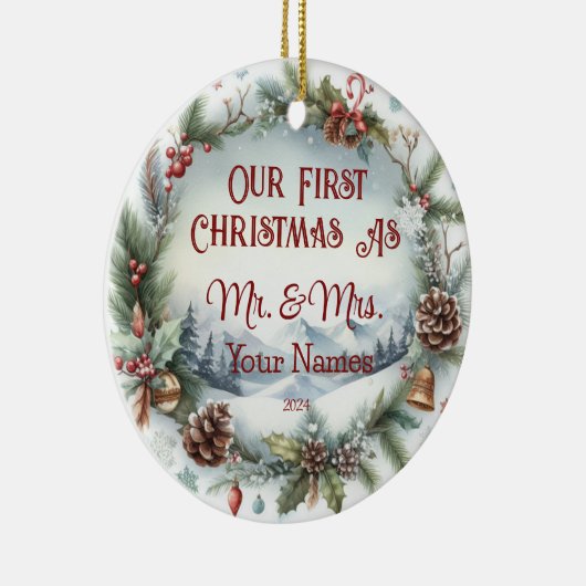 Gepersonaliseerd Onze eerste Kerstmis als Mr & Mrs Keramisch Ornament (Rechts)