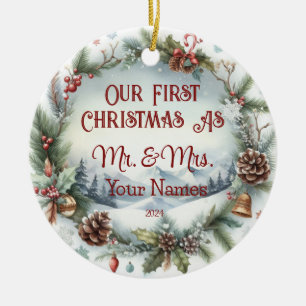 Gepersonaliseerd Onze eerste Kerstmis als Mr & Mrs Keramisch Ornament