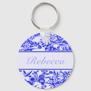 Gepersonaliseerd oosterse vogel- en bladpatroon sleutelhanger