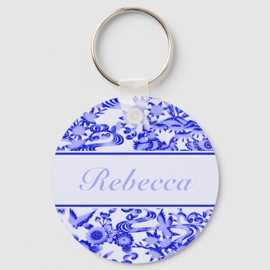 Gepersonaliseerd oosterse vogel- en bladpatroon sleutelhanger (Voorkant)