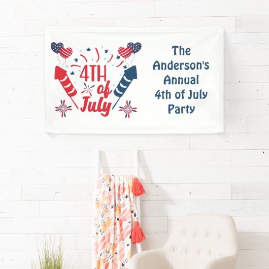 Gepersonaliseerd op 4 juli Fireworks Red White Blu Spandoek (Insitu)