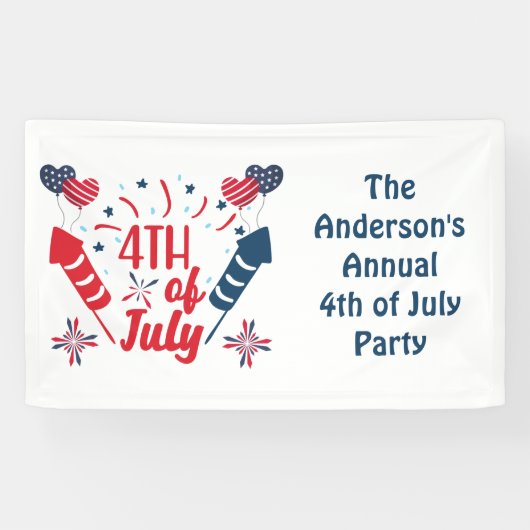 Gepersonaliseerd op 4 juli Fireworks Red White Blu Spandoek (Horizontaal)