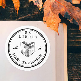 Gepersonaliseerd Open Boek Classic Monogram Biblio Ronde Sticker