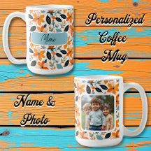 Gepersonaliseerd oranje en blauw blad en bloemen