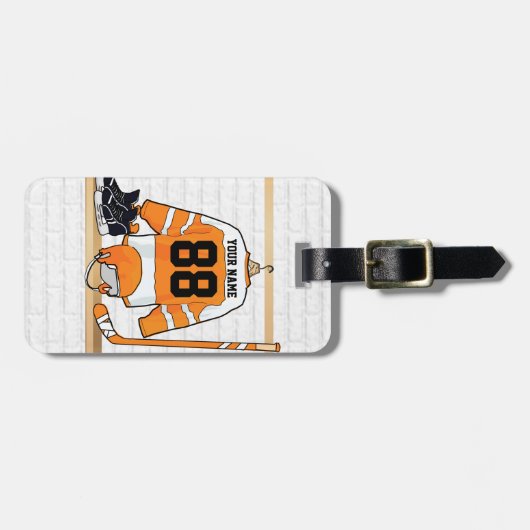 Gepersonaliseerd Oranje en wit ijs Hockey Jersey Bagagelabel (Voorkant horizontaal)