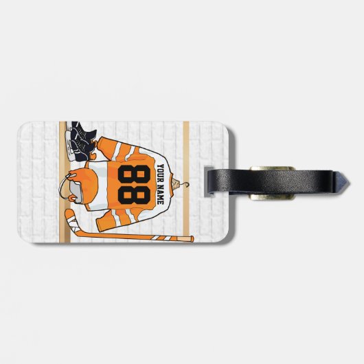 Gepersonaliseerd Oranje en wit ijs Hockey Jersey Bagagelabel (Achterkant horizontaal)