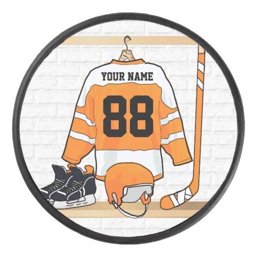 Gepersonaliseerd Oranje en wit ijs Hockey Jersey Hockey Puck (Voorkant)