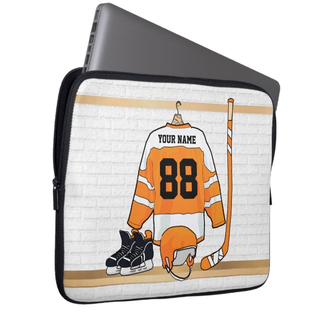 Gepersonaliseerd Oranje en wit ijs Hockey Jersey Laptop Sleeve (Voorkant Rechts)