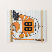 Gepersonaliseerd Oranje en wit ijs Hockey Jersey Legpuzzel (Horizontaal)