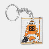Gepersonaliseerd Oranje en wit ijs Hockey Jersey Sleutelhanger (Voorkant Links)