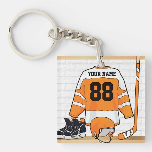 Gepersonaliseerd Oranje en wit ijs Hockey Jersey Sleutelhanger (Voorkant)