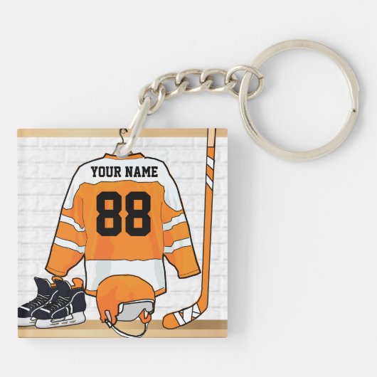 Gepersonaliseerd Oranje en wit ijs Hockey Jersey Sleutelhanger (Achterkant)