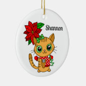 Gepersonaliseerd Oranje kat dat een Poinsettia vas Keramisch Ornament (Rechts)