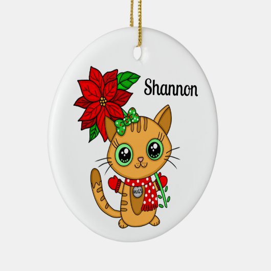 Gepersonaliseerd Oranje kat dat een Poinsettia vas Keramisch Ornament (Rechts)