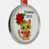 Gepersonaliseerd Oranje kat dat een Poinsettia vas Metalen Ornament (Rechts)