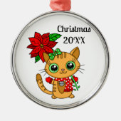 Gepersonaliseerd Oranje kat dat een Poinsettia vas Metalen Ornament (Voorkant)