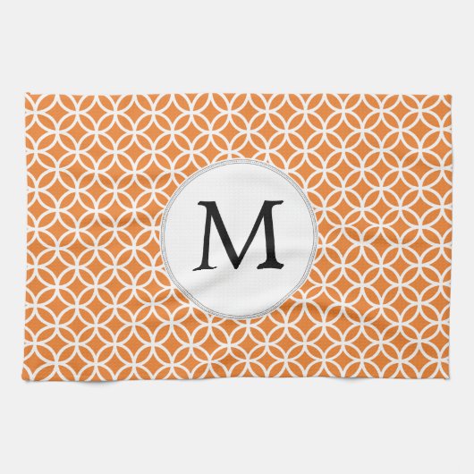 Gepersonaliseerd Oranje monogram-dubbel-ringpatroo Theedoek (Horizontaal)