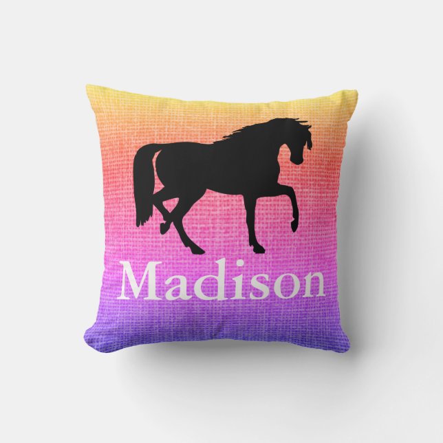 Gepersonaliseerd Paars Faux Burlap Horse Silhouett Kussen (Voorkant)