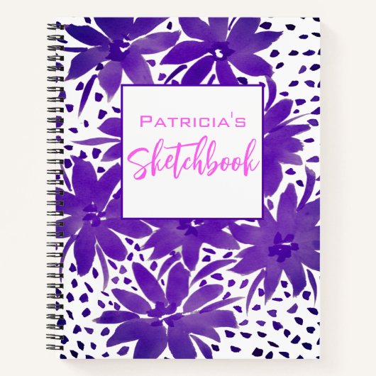 Gepersonaliseerd Paars Floral Sketchbook Notitiebo Notitieboek (Voorkant)