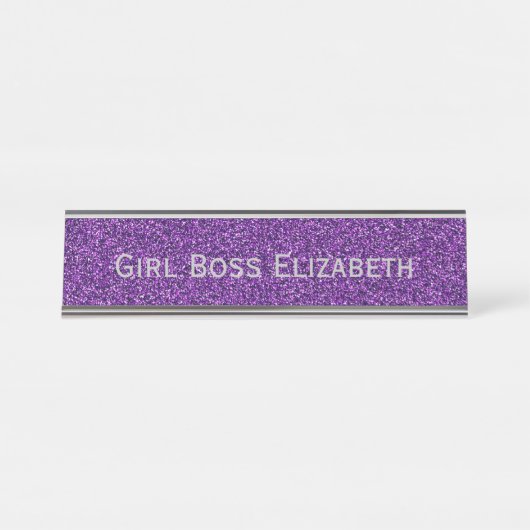 Gepersonaliseerd Paars Glitter Silver Girl Boss Fu Bureau Naambordje (Voorkant)