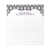 Gepersonaliseerd Paars, zwart, witte Floral Damask Notitieblok (Voorkant)