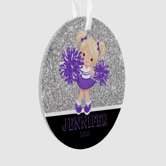 Gepersonaliseerd Paarse & Zwart Cheerleading Ornam Ornament (voorkant)