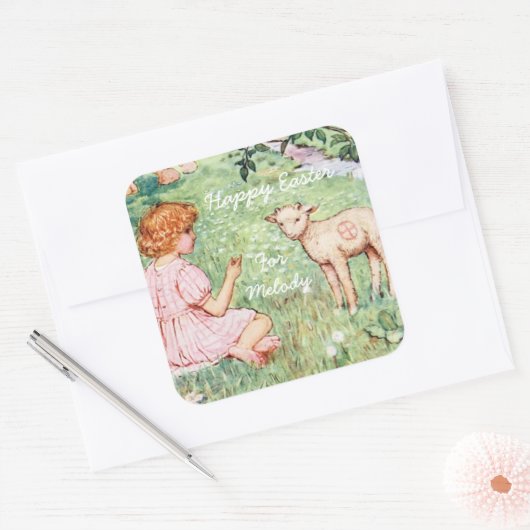 Gepersonaliseerd  Pasen Little Lamb Vierkante Sticker (Envelop)