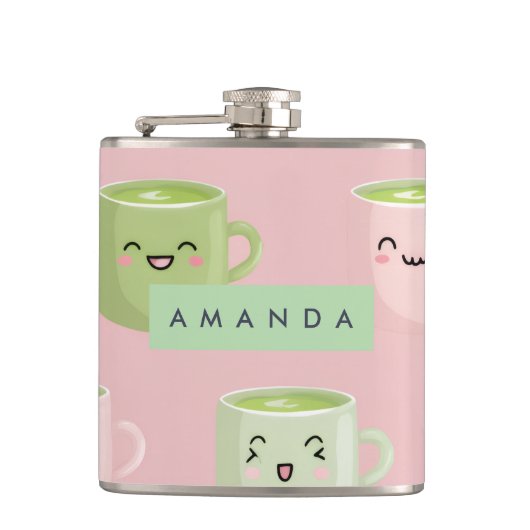 Gepersonaliseerd pastel Kawaii Matcha theepatroon Heupfles (Voorkant)