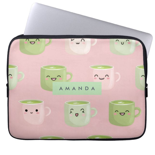 Gepersonaliseerd pastel Kawaii Matcha theepatroon Laptop Sleeve (Voorkant)