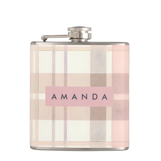 Gepersonaliseerd Pastel Zachte Blush Beige Geruit Heupfles (Voorkant)