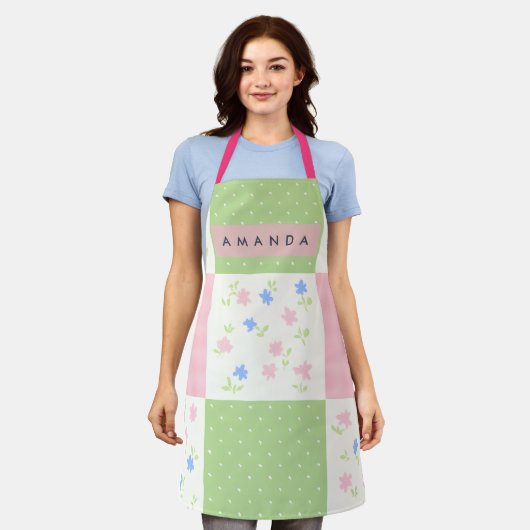 Gepersonaliseerd Pastelkleurig Patchwork Bloempatr Schort (Gedragen)
