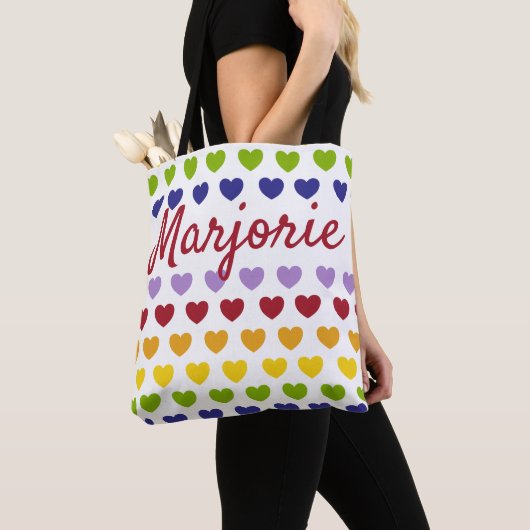 Gepersonaliseerd patroon van regenboogharten tote bag (Dichtbij)