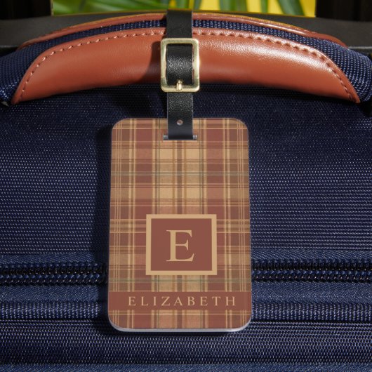 Gepersonaliseerd Perzik Roze Bruin Geruite Patroon Bagagelabel (Voorkant Insitu 2)