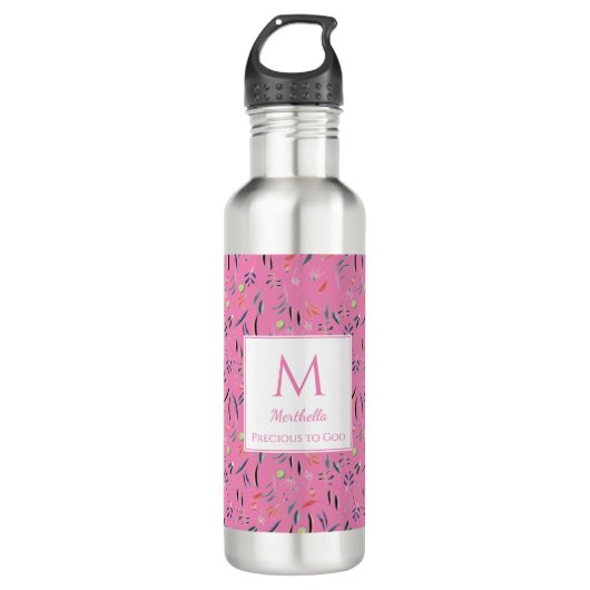 Gepersonaliseerd PINK Floral Monogram Waterfles (Voorkant)