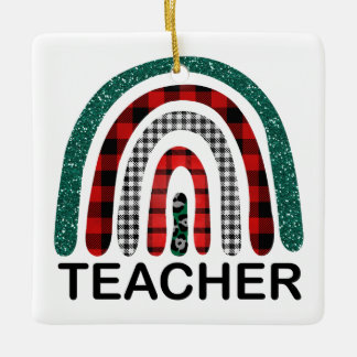 Gepersonaliseerd Plaid Rainbow Teacher Kerstcadeau Keramisch Ornament