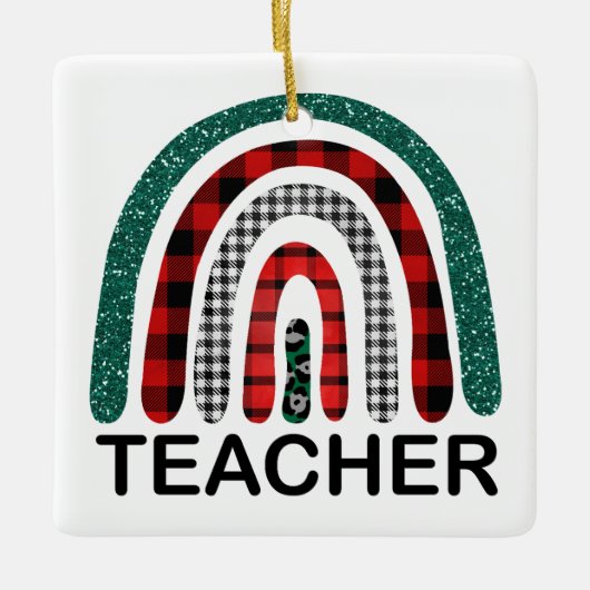 Gepersonaliseerd Plaid Rainbow Teacher Kerstcadeau Keramisch Ornament (Voorkant)