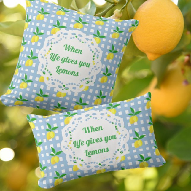 Gepersonaliseerd Preppy Yellow Lemons Blauw Wit Ch Kussen (Personalize with your own message!)