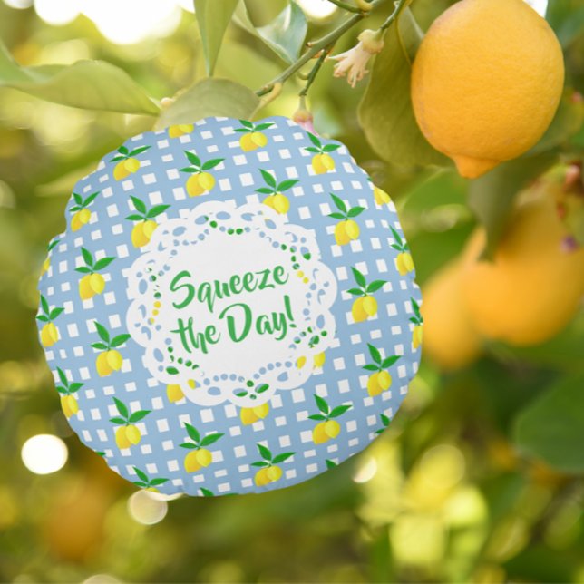 Gepersonaliseerd Preppy Yellow Lemons Blauw Wit Ch Rond Kussen (Personalize with your own message!)