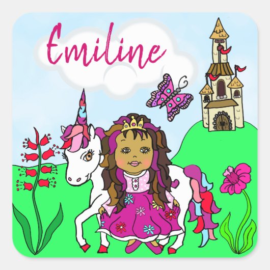 Gepersonaliseerd  prinses en onicorn Castle Vierkante Sticker (Voorkant)