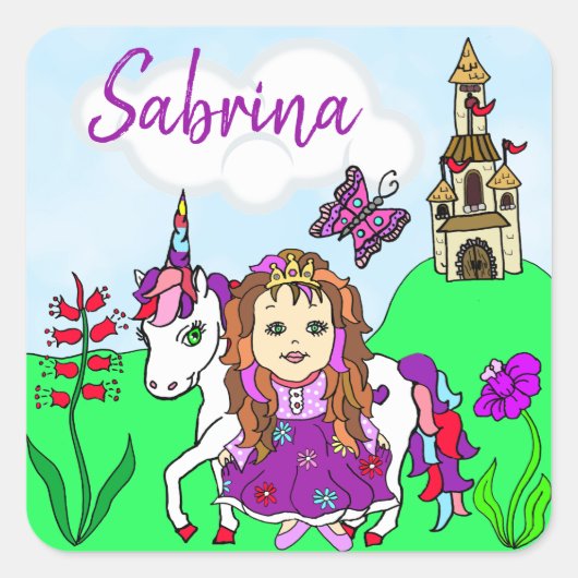 Gepersonaliseerd  prinses en onicorn Castle Vierkante Sticker (Voorkant)